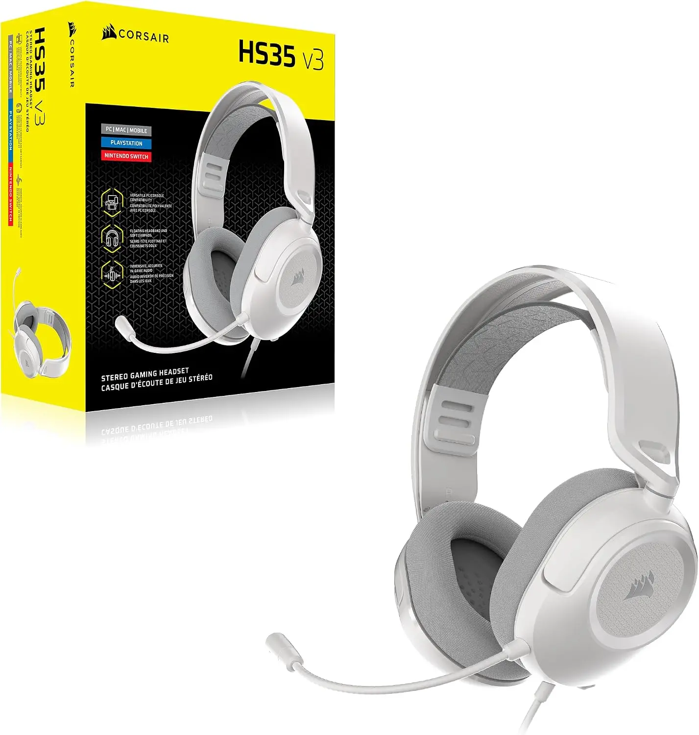 אוזניות גיימינג קשת Over-Ear חוטיות עם מיקרופון Corsair HS35 v3 – צבע לבן