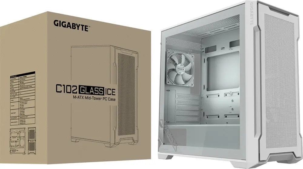 מארז מחשב ללא ספק GigaByte C102 Glass ICE Tempered Glass Micro-ATX Mid Tower – צבע לבן