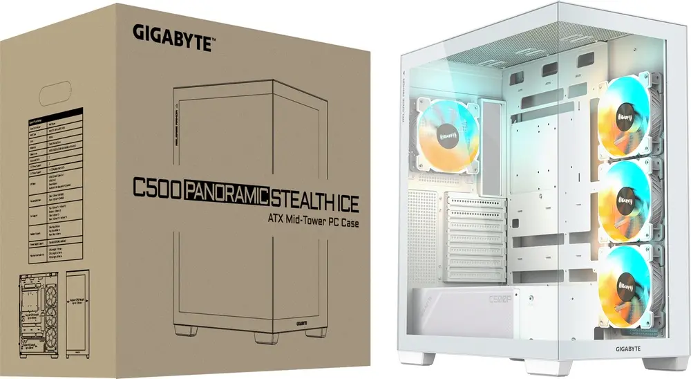 מארז מחשב ללא ספק GigaByte C500 Panoramic Stealth Ice Tempered Glass ARGB ATX Mid Tower – צבע לבן