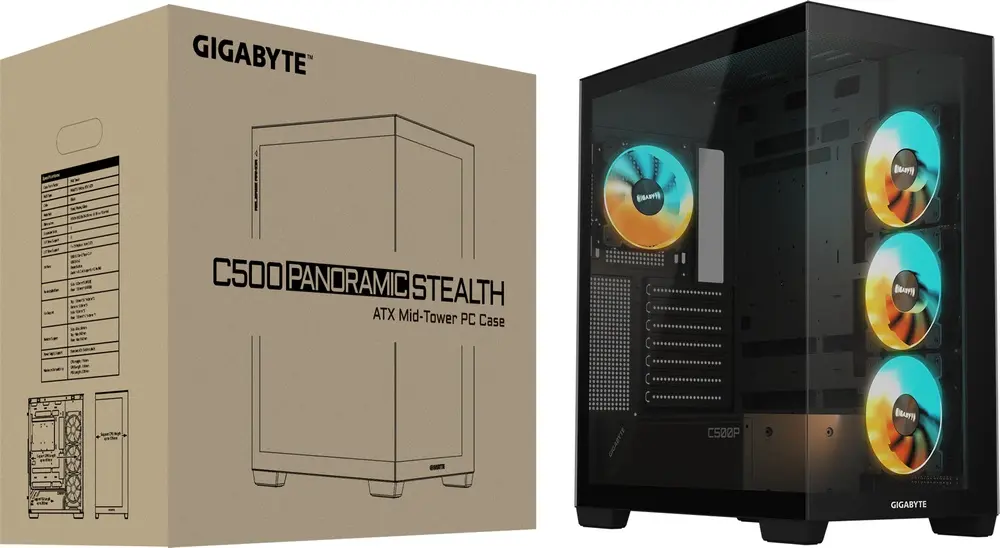 מארז מחשב ללא ספק GigaByte C500 Panoramic Stealth Tempered Glass ARGB ATX Mid Tower – צבע שחור