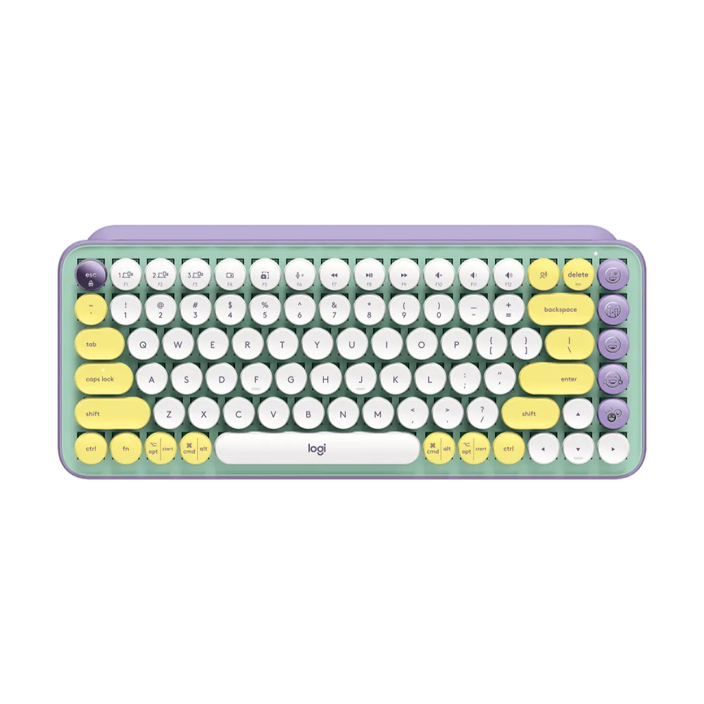 מקלדת מכנית אלחוטית Logitech POP Keys – בצבע סגול, לבן, צהוב ומנטה