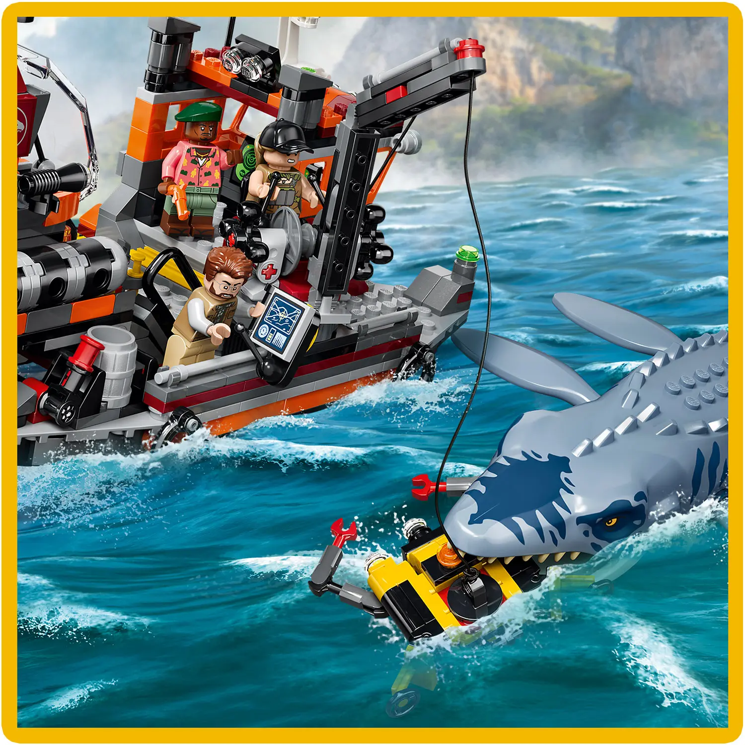 התקפת ספינה על ידי דינוזאור מוזאזאורוס Lego Jurassic World 77983